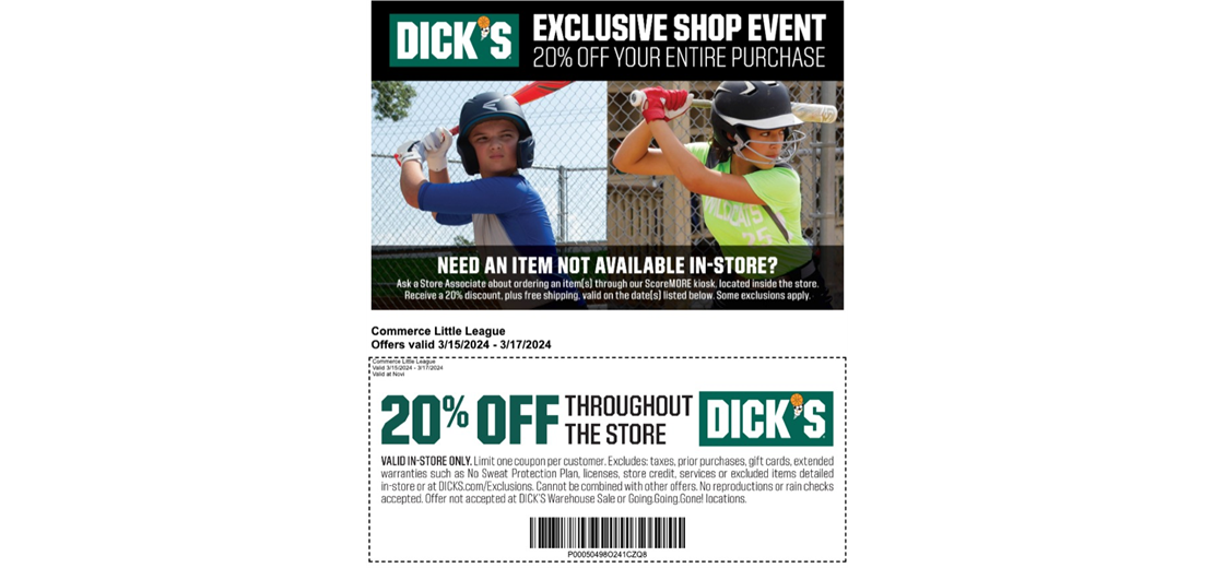 Dick's Day: Commerce LL - 3/15: 10 am - 1 pm (Valid 3/15 - 3/17)
