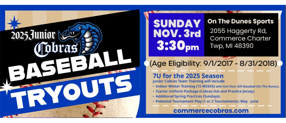 Juniors Cobras Tryouts - THIS SUnDAY 11/3 @ 3:30 PM